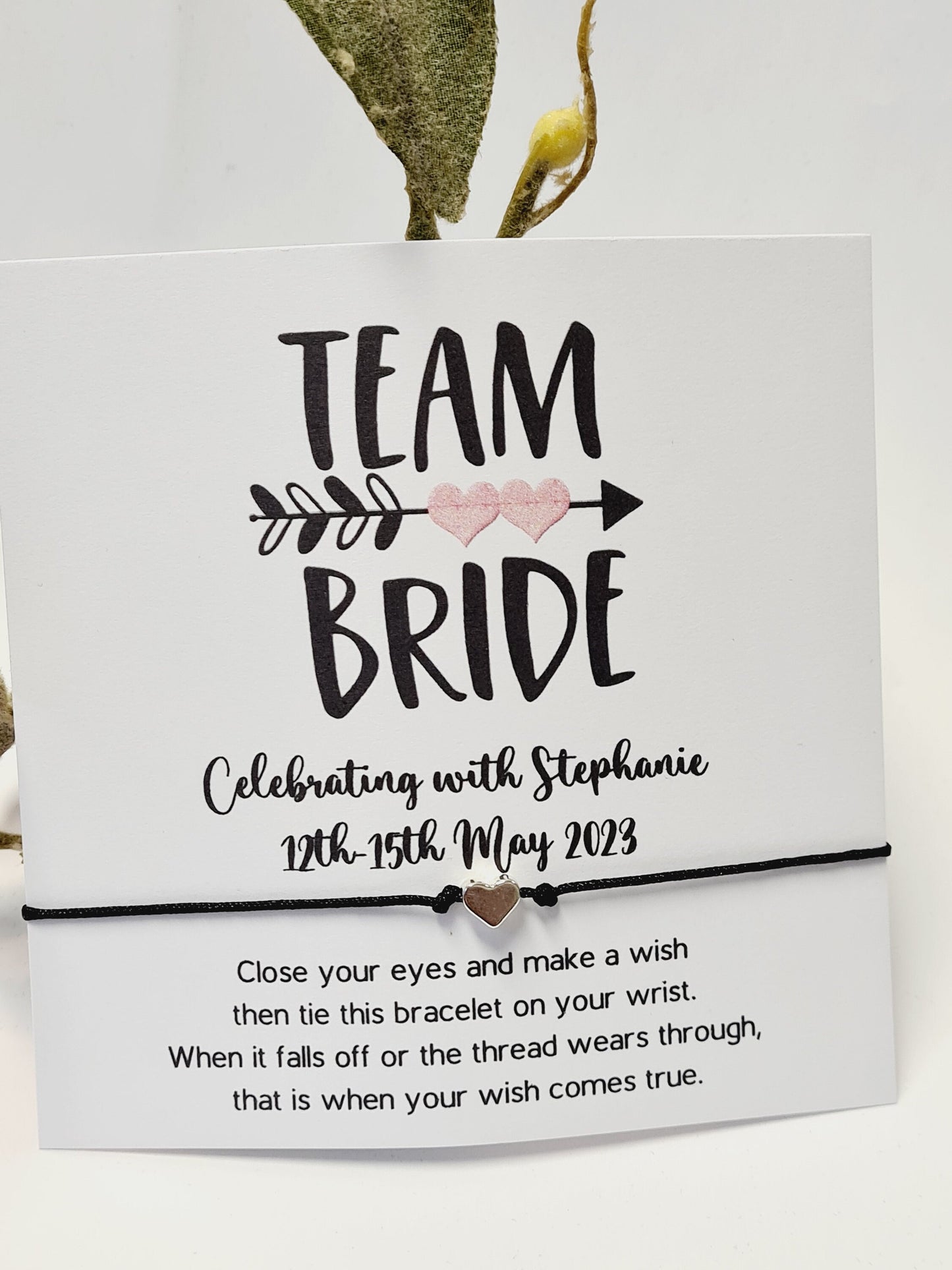 Personalised Team Bride  Hen Party Wish Bracelets - Goodie Bag Filler - Hen Weekend, Hen Do, Girls Weekend - Pink Heart - Bride to Be