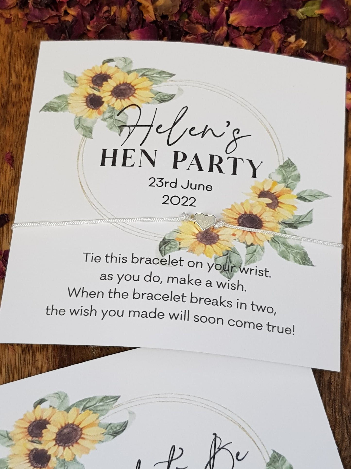 Sunflower Personalised Hen Party Wish Bracelets - Goodie Bag Filler - Hen Weekend, Hen Do, Girls Weekend - Party - Fancy - Pretty