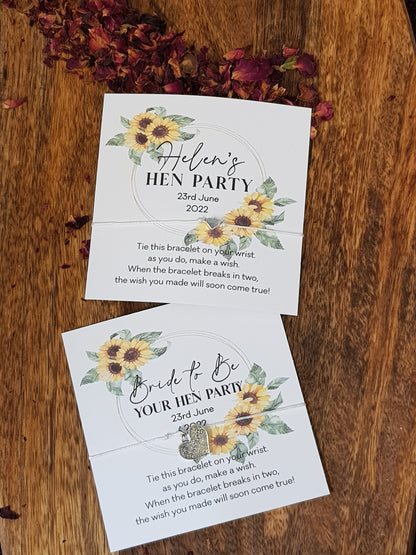 Sunflower Personalised Hen Party Wish Bracelets - Goodie Bag Filler - Hen Weekend, Hen Do, Girls Weekend - Party - Fancy - Pretty