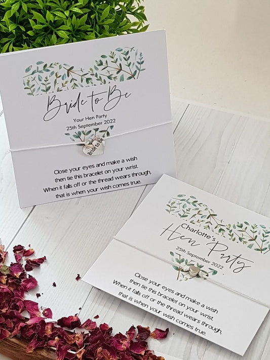 Hen Party Wish Bracelet: Eucalyptus Heart, Bride To Be, keepsake, Personalised