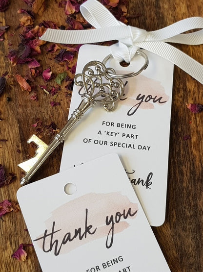 Vintage Key Bottle Opener Wedding Favor: Personalized Tag & Ribbon