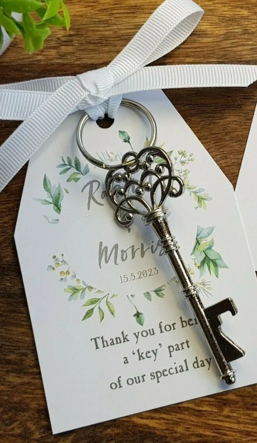 Personalised Key Bottle Opener Wedding Favors: Botanical Fern Tag, Ribbon