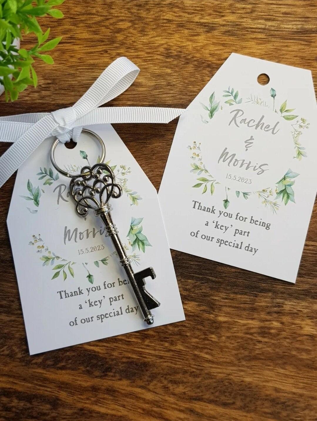 Personalised Key Bottle Opener Wedding Favors: Botanical Fern Tag, Ribbon