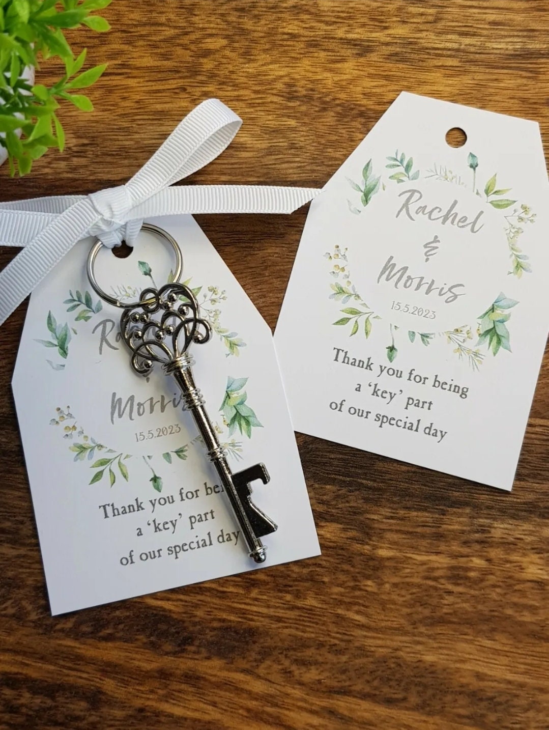 Personalised Key Bottle Opener Wedding Favors: Botanical Fern Tag, Ribbon