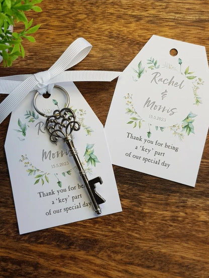 Personalised Key Bottle Opener Wedding Favors: Botanical Fern Tag, Ribbon