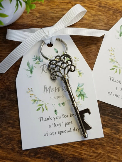 Personalised Key Bottle Opener Wedding Favors: Botanical Fern Tag, Ribbon