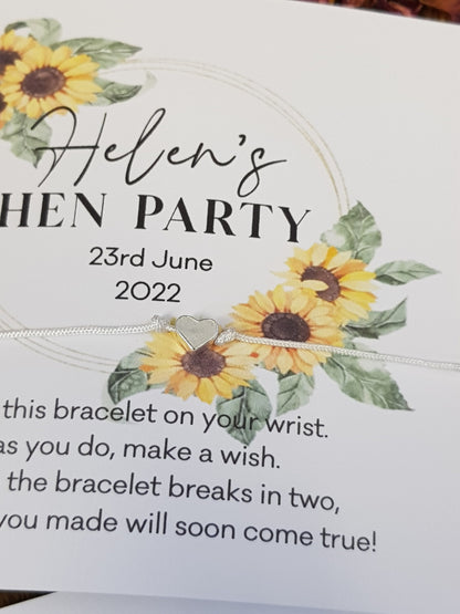 Sunflower Personalised Hen Party Wish Bracelets - Goodie Bag Filler - Hen Weekend, Hen Do, Girls Weekend - Party - Fancy - Pretty