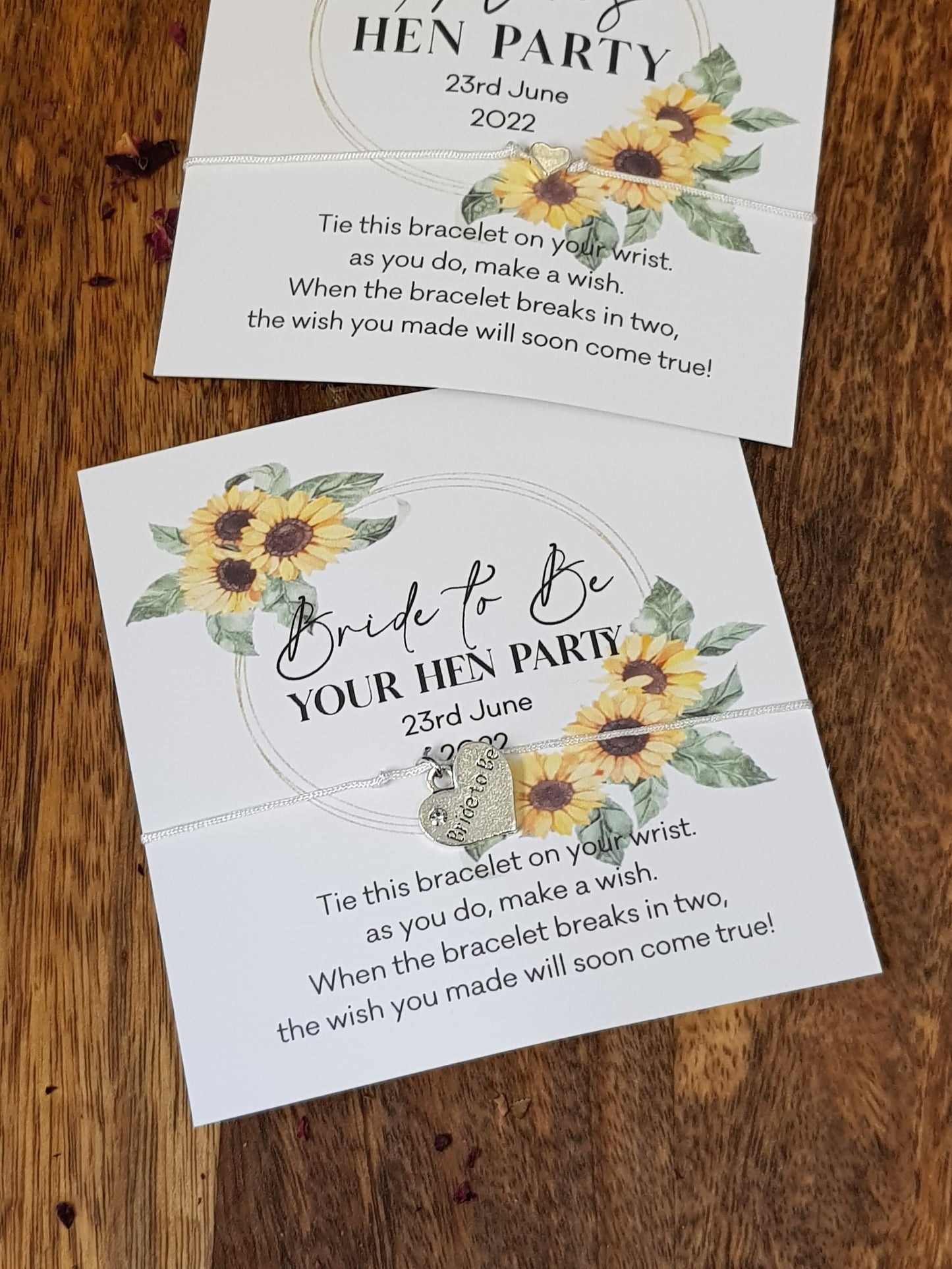 Sunflower Personalised Hen Party Wish Bracelets - Goodie Bag Filler - Hen Weekend, Hen Do, Girls Weekend - Party - Fancy - Pretty