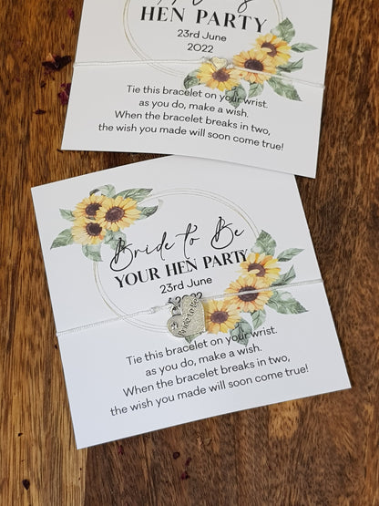 Sunflower Personalised Hen Party Wish Bracelets - Goodie Bag Filler - Hen Weekend, Hen Do, Girls Weekend - Party - Fancy - Pretty