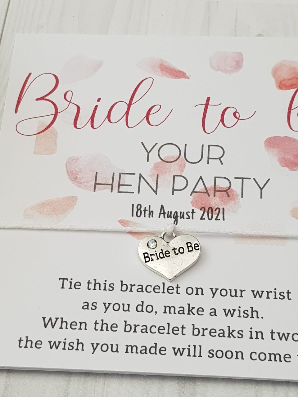 Hen Party Wish Bracelets Pink Petals- Personalised  - Goodie Bag Filler - Hen Weekend, Hen Do, Girls Weekend