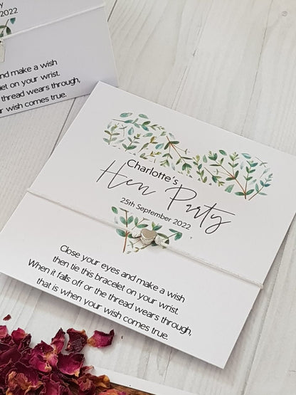 Hen Party Wish Bracelet: Eucalyptus Heart, Bride To Be, keepsake, Personalised