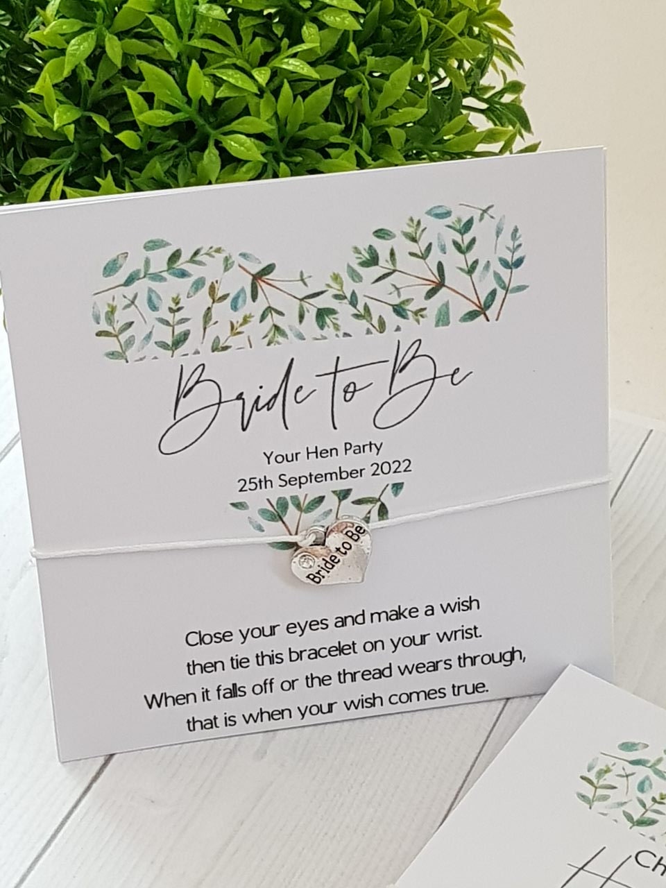 Hen Party Wish Bracelet: Eucalyptus Heart, Bride To Be, keepsake, Personalised