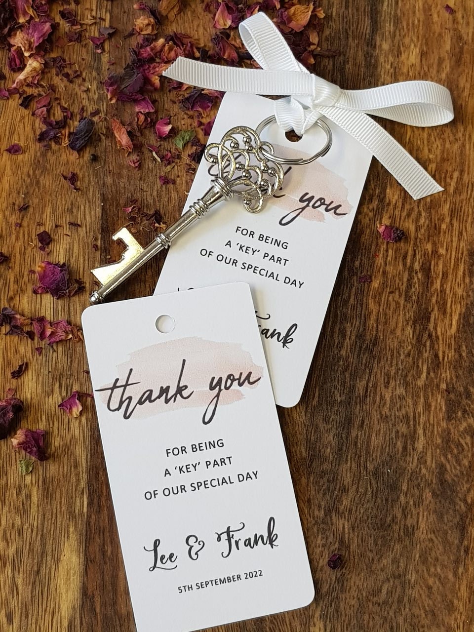 Vintage Key Bottle Opener Wedding Favor: Personalized Tag & Ribbon