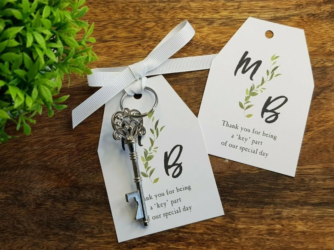 Botanical Wedding Favors: Key Bottle Opener with Personalised Tag and ribbon