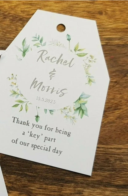 Personalised Key Bottle Opener Wedding Favors: Botanical Fern Tag, Ribbon