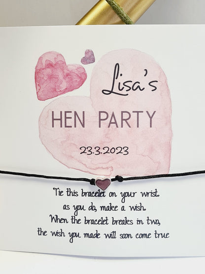 Heart Personalised Hen Party Wish Bracelets - Goodie Bag Filler - Hen Weekend, Hen Do, Girls Weekend - Pink Heart - Bride to Be-PH76
