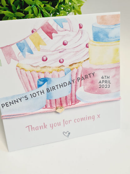 Thank you for coming to my party wish string charm bracelet - Party bag Goodie filler - Personalised -Birthday Cake Design - BDC7