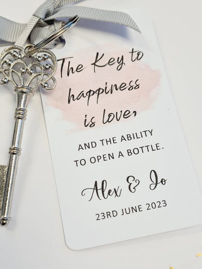 Vintage Key Bottle Opener Wedding Favor: Personalized Tag & Ribbon