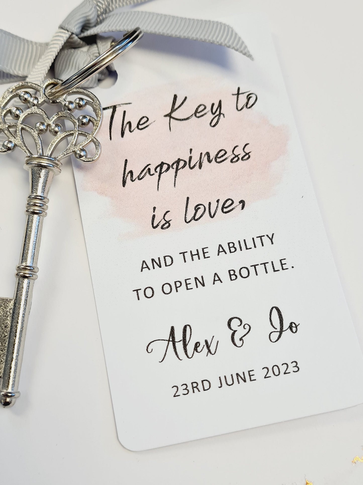 Vintage Key Bottle Opener Wedding Favor: Personalized Tag & Ribbon