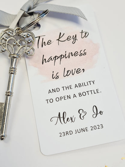 Vintage Key Bottle Opener Wedding Favor: Personalized Tag & Ribbon