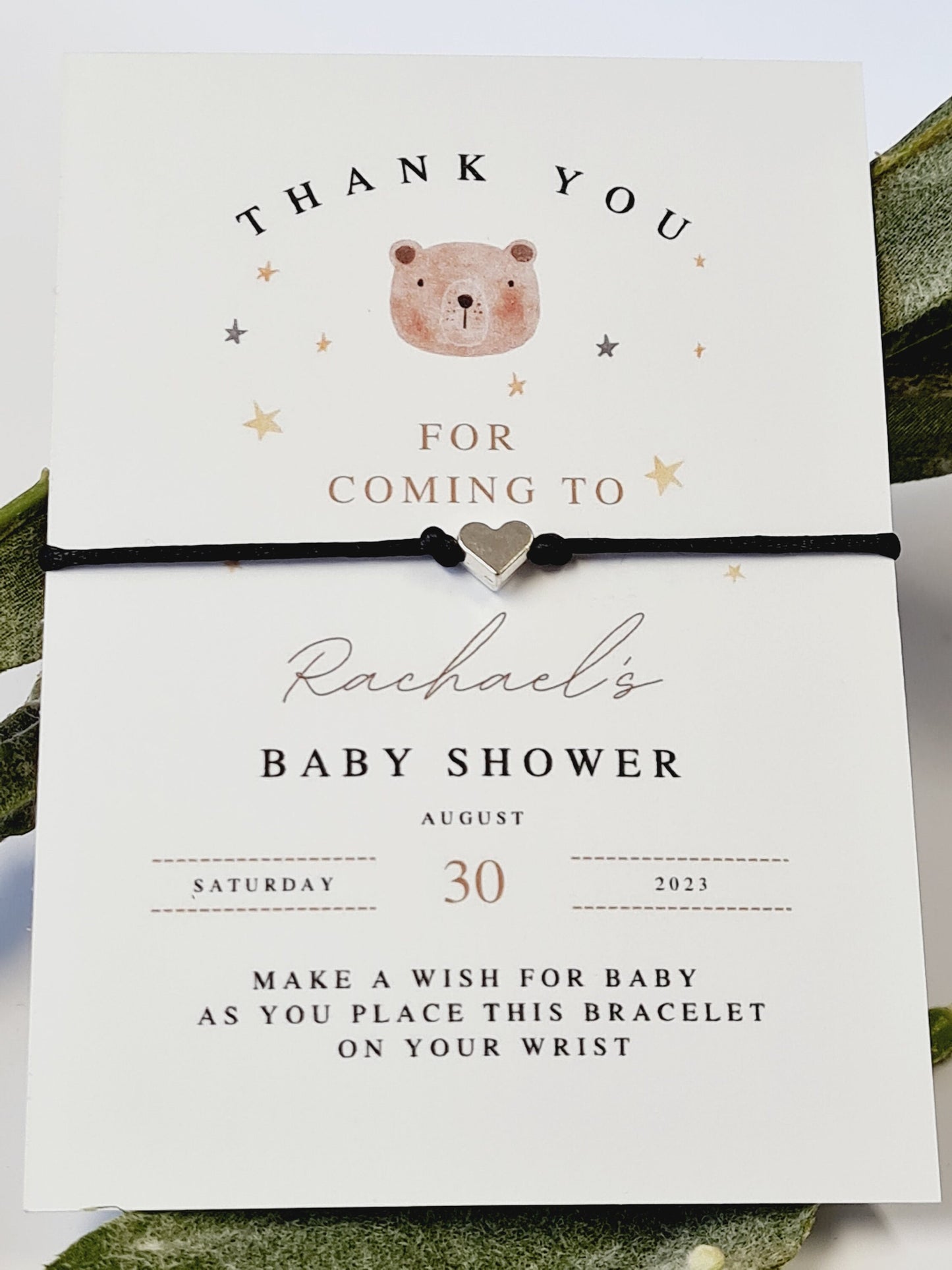 Teddy Bear Baby Shower Wish Bracelet: Personalised Charm String - Guest Gift