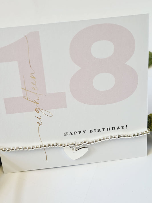 Happy 18th Birthday - 18 -Eighteen- Silver plated charm bracelet & silver heart charm- Personalised