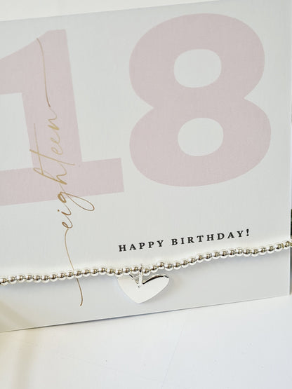 Happy 18th Birthday - 18 -Eighteen- Silver plated charm bracelet & silver heart charm- Personalised