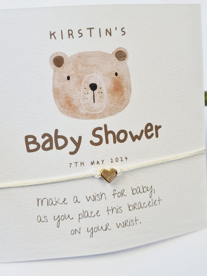 Teddy Bear Baby Shower Wish Bracelet: Personalised Charm String Gift - Gender Neutral