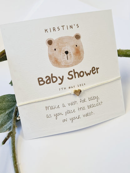 Teddy Bear Baby Shower Wish Bracelet: Personalised Charm String Gift - Gender Neutral
