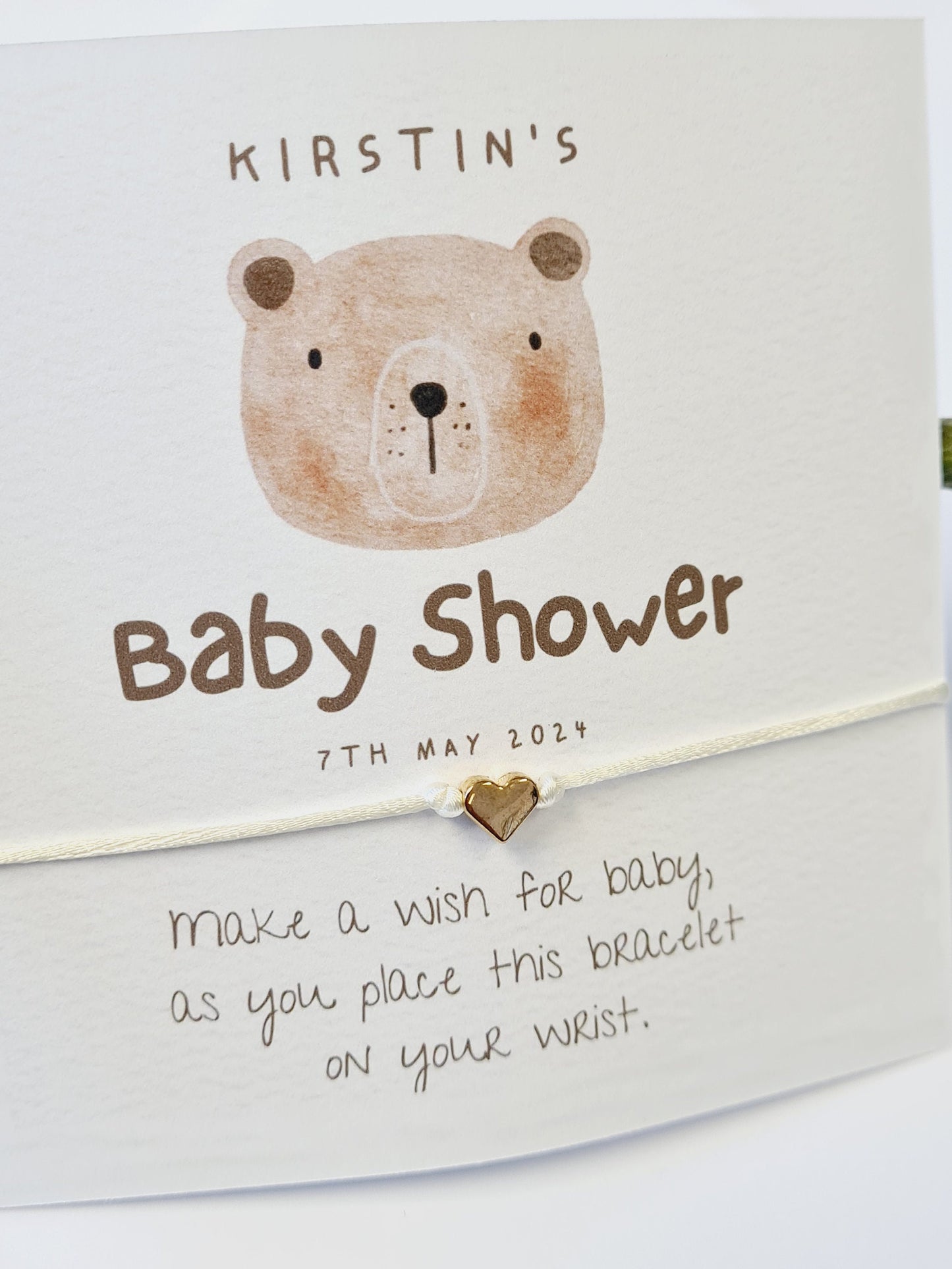 Teddy Bear Baby Shower Wish Bracelet: Personalised Charm String Gift - Gender Neutral