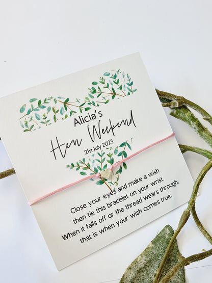 Hen Party Wish Bracelet: Eucalyptus Heart, Bride To Be, keepsake, Personalised