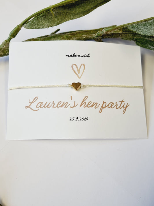 Simple Heart Hen Party Wish Bracelets - Personalised  - Goodie Bag Filler - Hen Weekend, Hen Do, Girls Weekend - Bride to Be - g12