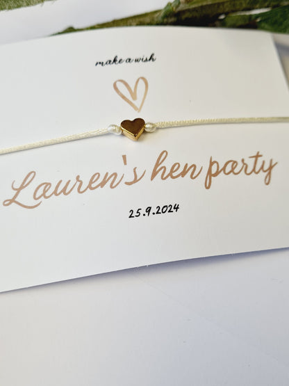 Simple Heart Hen Party Wish Bracelets - Personalised  - Goodie Bag Filler - Hen Weekend, Hen Do, Girls Weekend - Bride to Be - g12