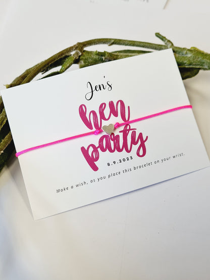 Pink Hen Party Wish Bracelets - Personalised  - Goodie Bag Filler - Hen Weekend, Hen Do, Girls Weekend - Bride to Be - cv