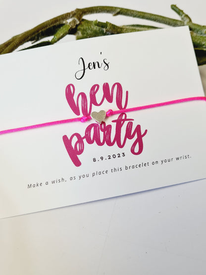 Pink Hen Party Wish Bracelets - Personalised  - Goodie Bag Filler - Hen Weekend, Hen Do, Girls Weekend - Bride to Be - cv