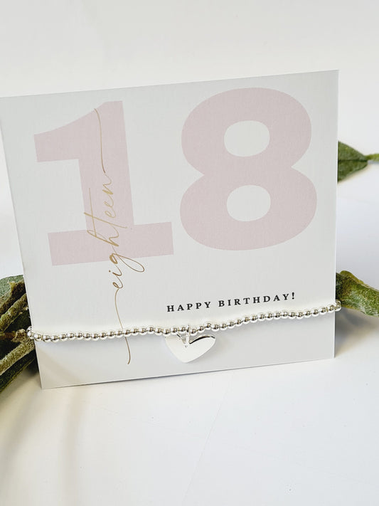 Happy 18th Birthday - 18 -Eighteen- Silver plated charm bracelet & silver heart charm- Personalised