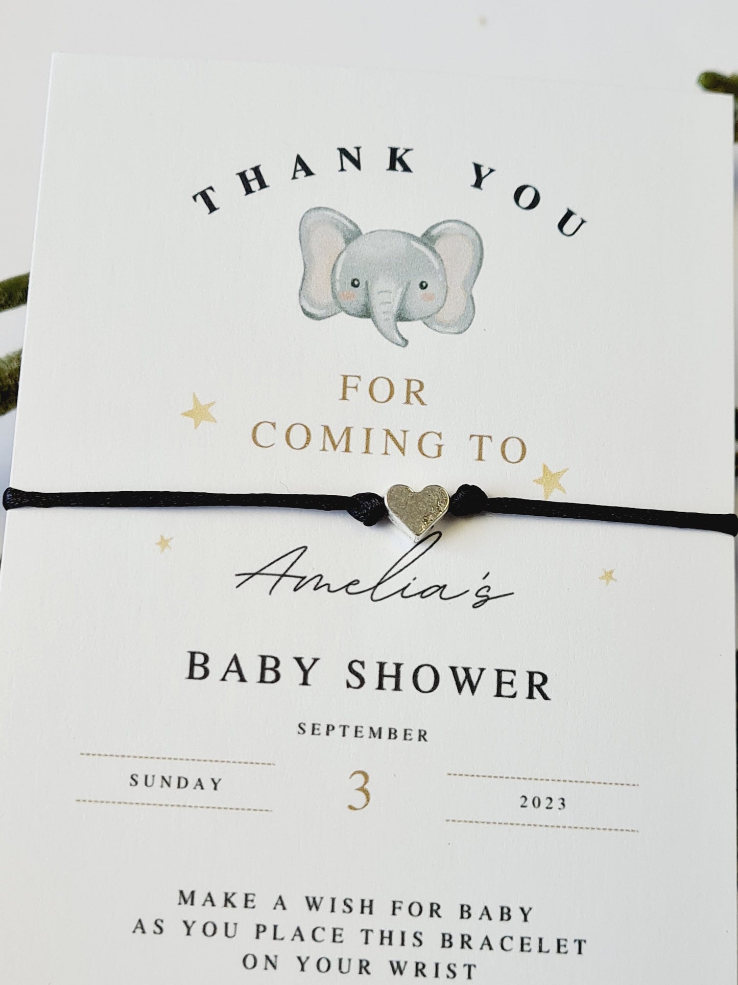 Elephant - Personalised Baby Shower Wish Bracelet, Mummy to Be, Charm String Bracelet, Personalised Gift -Animals Zoo Animals CV