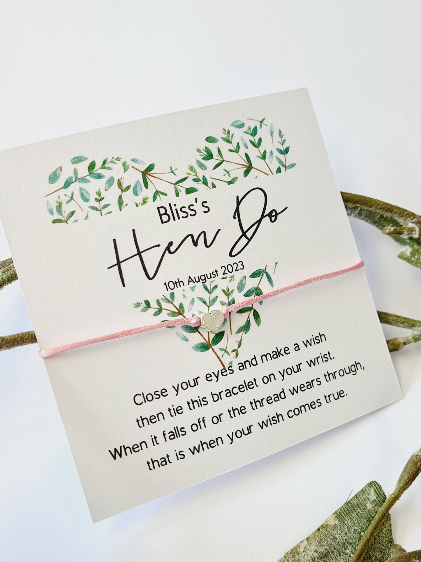 Hen Party Wish Bracelet: Eucalyptus Heart, Bride To Be, keepsake, Personalised