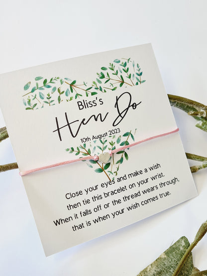 Hen Party Wish Bracelet: Eucalyptus Heart, Bride To Be, keepsake, Personalised