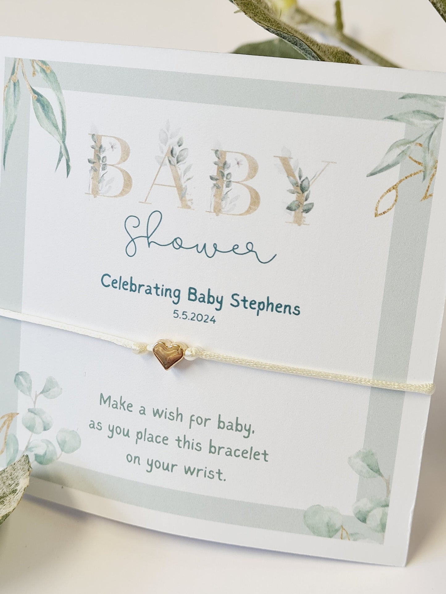 Botanical Fern Baby Shower Wish Bracelet – Personalized Keepsake
