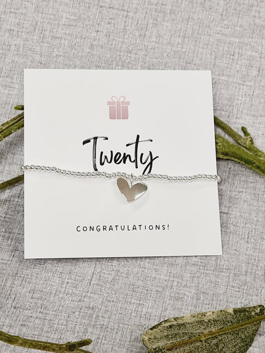20th Birthday Twenty happy birthday silver plated heart charm bracelet
