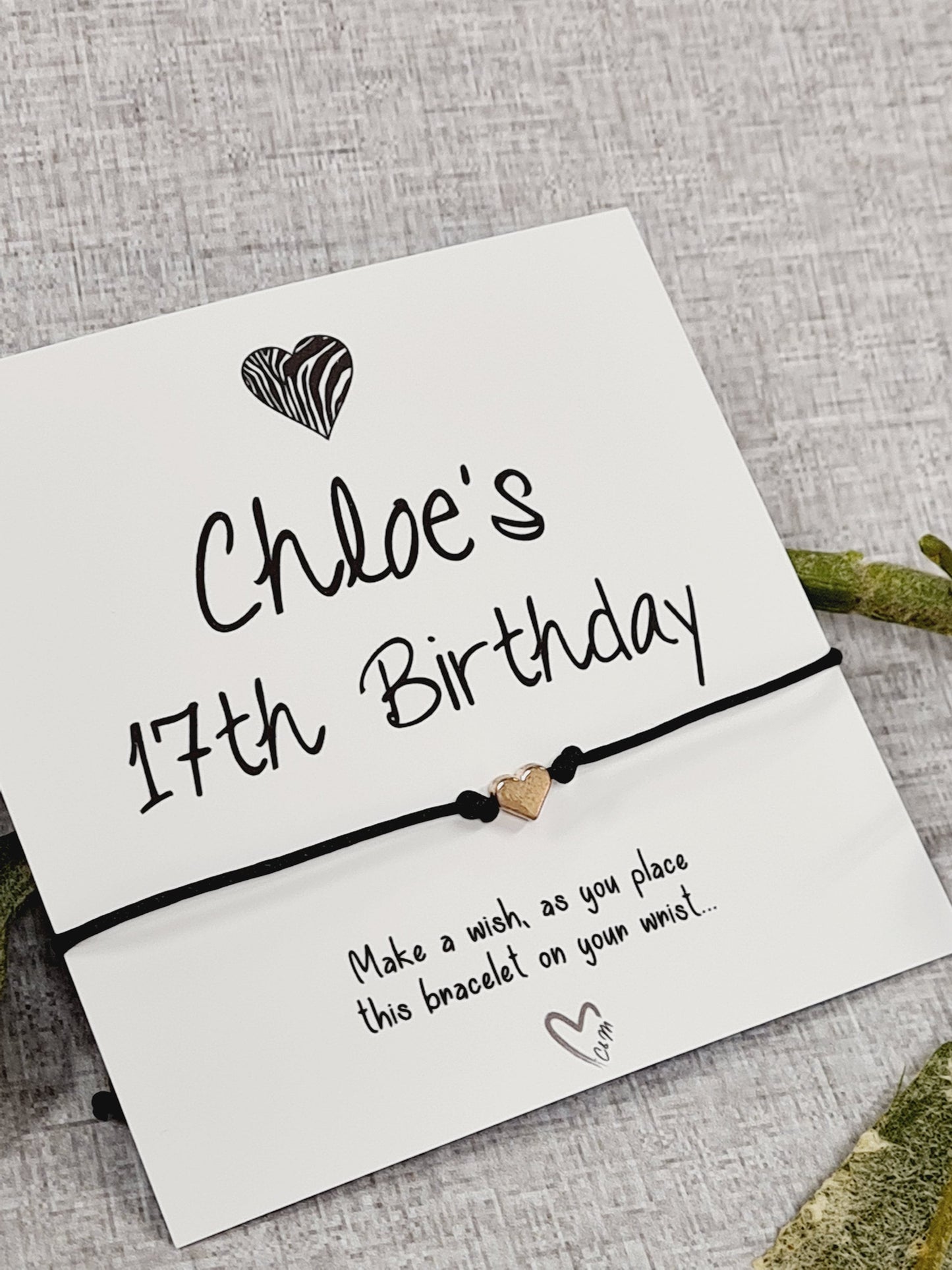 Heart Design Birthday BLack - wish string charm bracelet - Party bag filler - Personalised - Any age - Batmitzvah - Christening - Party A5