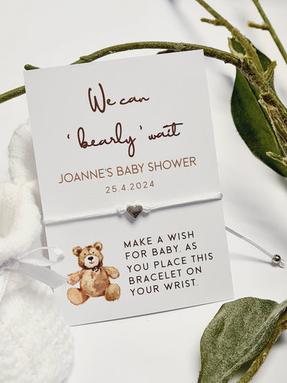 Teddy Bear Baby Shower Wish Bracelet: Personalised Charm String Gift - We can Bearly Wait - Mummy To Be