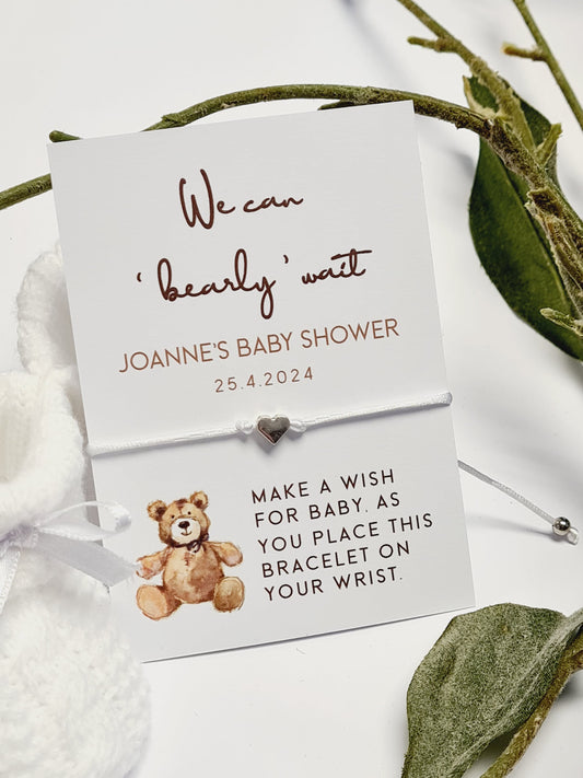 Teddy Bear Baby Shower Wish Bracelet: Personalised Charm String Gift - We can Bearly Wait - Mummy To Be