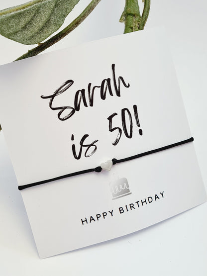 Birthday - wish string charm bracelet - Party bag filler - Personalised - Any age - Batmitzvah - Christening - Party ~ Silver Cake
