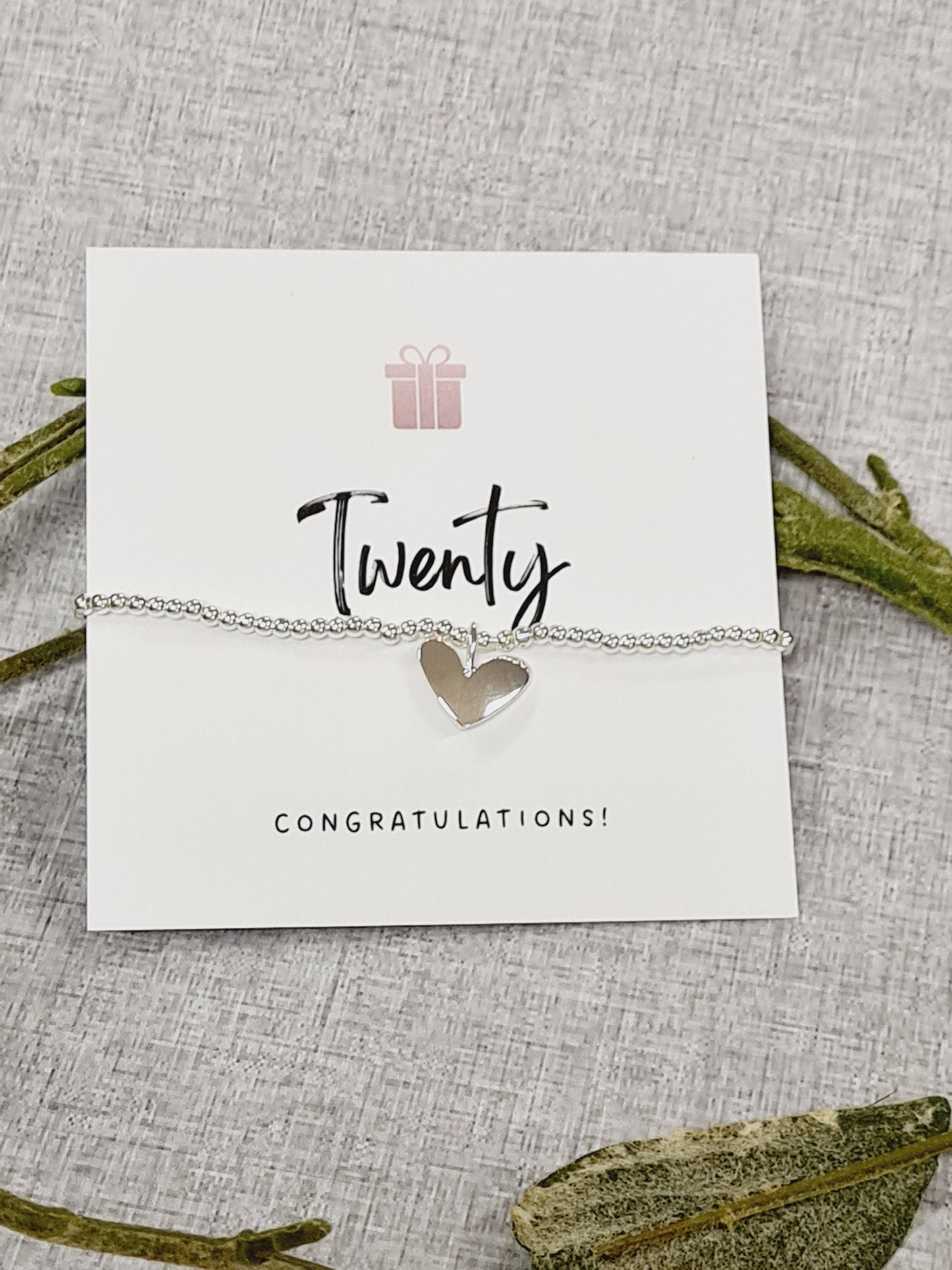20th Birthday Twenty happy birthday silver plated heart charm bracelet