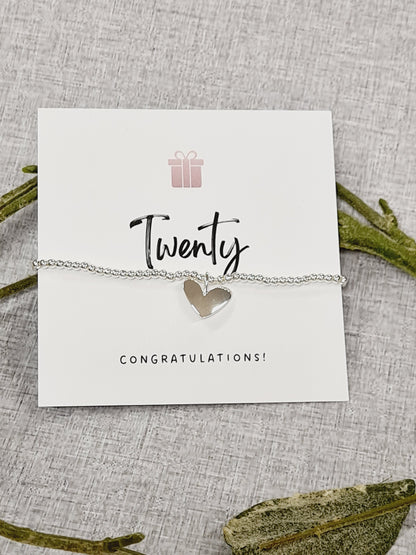 20th Birthday Twenty happy birthday silver plated heart charm bracelet