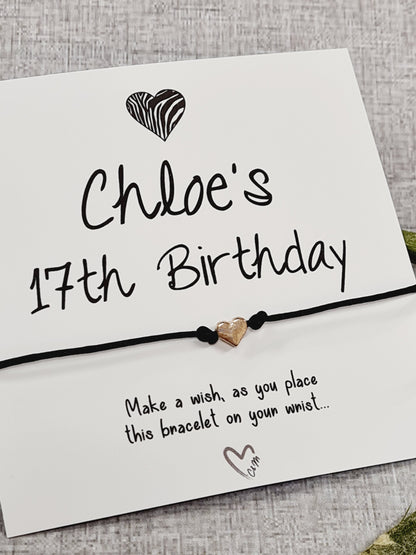 Heart Design Birthday BLack - wish string charm bracelet - Party bag filler - Personalised - Any age - Batmitzvah - Christening - Party A5