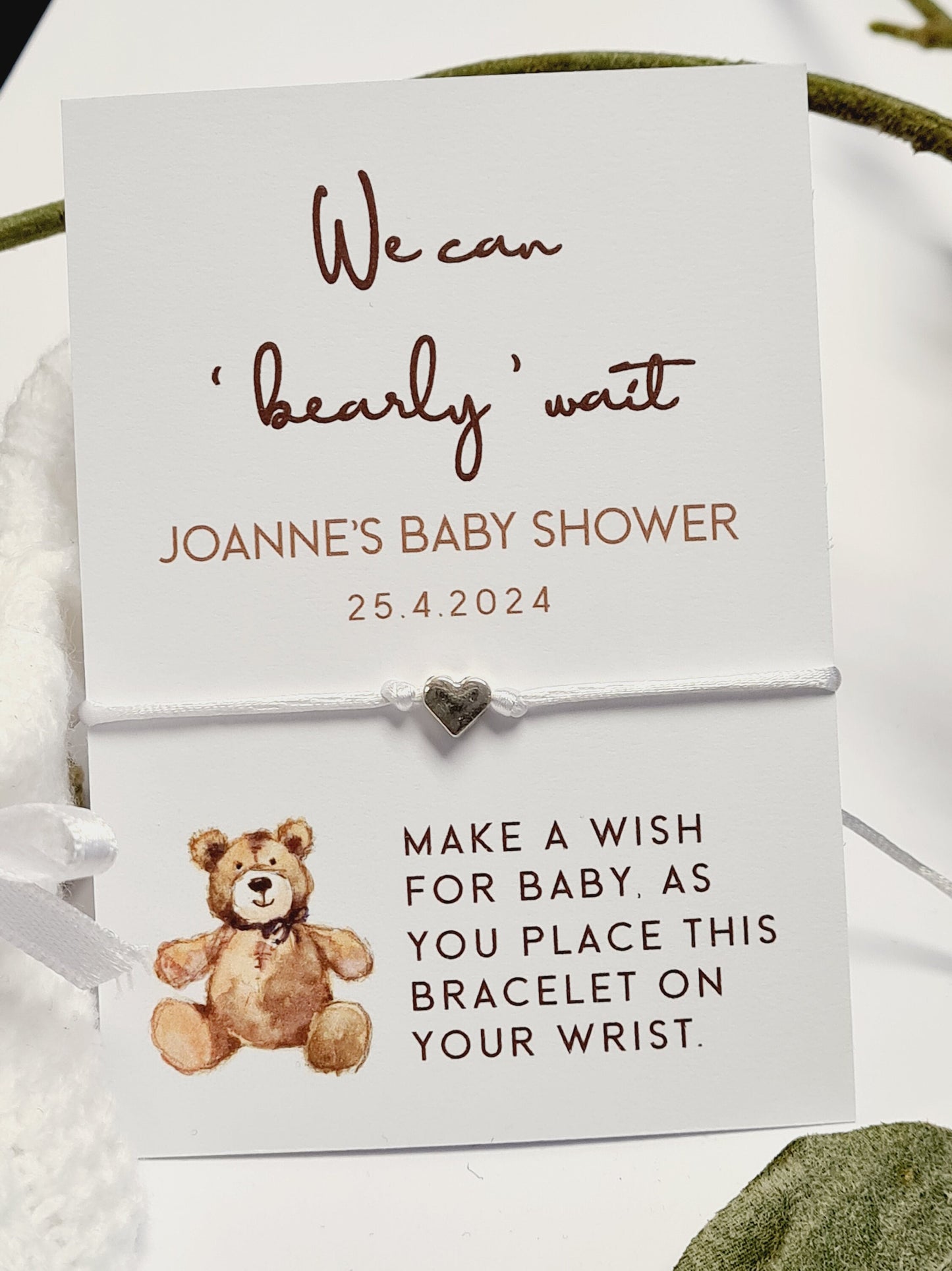 Teddy Bear Baby Shower Wish Bracelet: Personalised Charm String Gift - We can Bearly Wait - Mummy To Be
