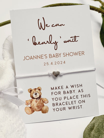 Teddy Bear Baby Shower Wish Bracelet: Personalised Charm String Gift - We can Bearly Wait - Mummy To Be